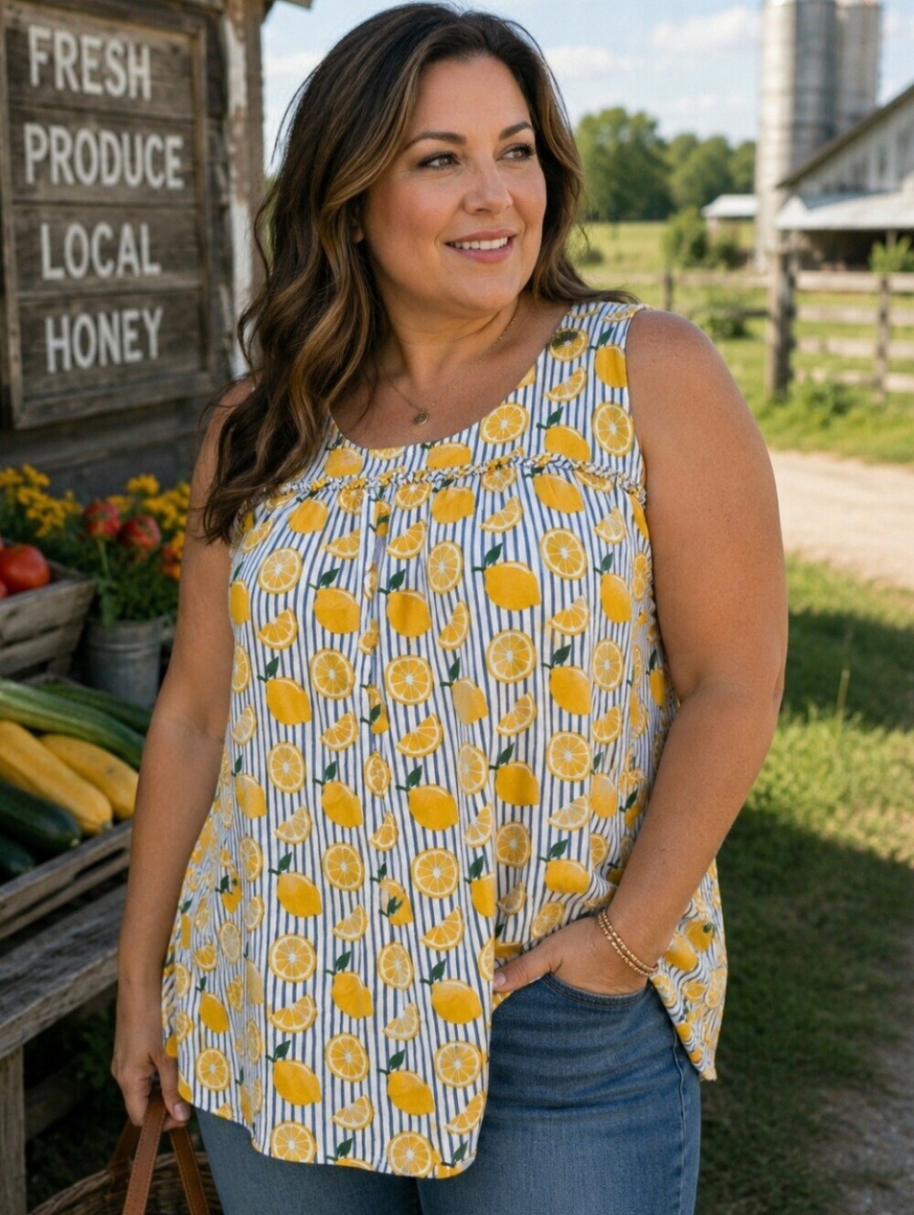 Lee Size XL Lemon Striped Print Flowy Sleeveless Top Rayon Capri Summer